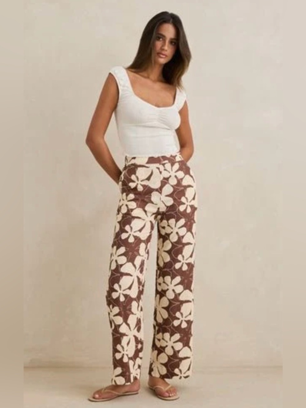 Rhythm Brown and Cream Floral Wide-Leg Pants